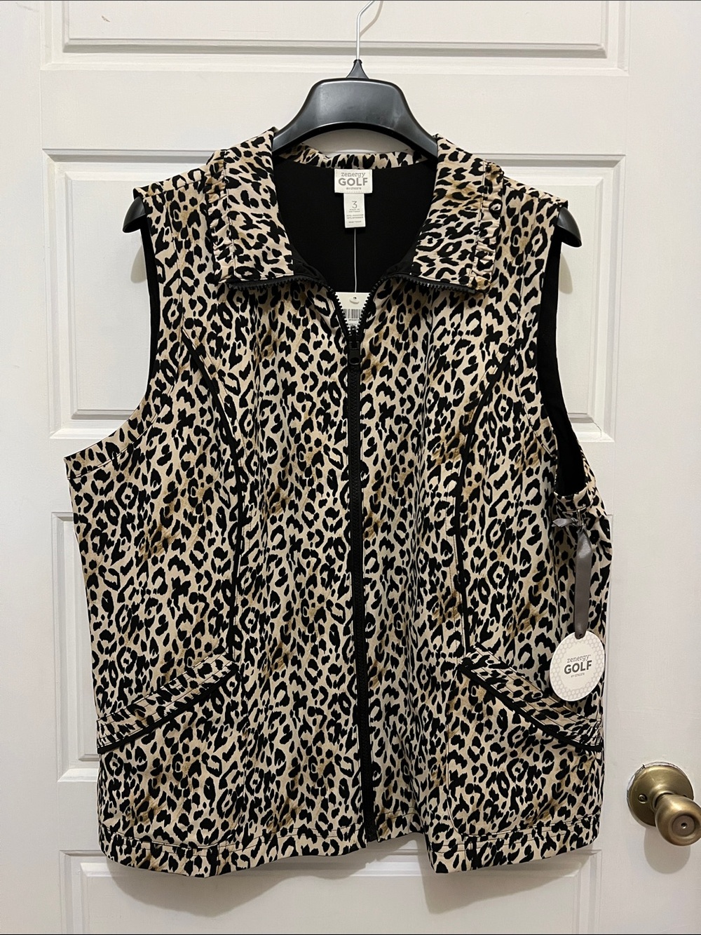 G/FORE Leopard Reversible Print Zip-Front Golf Vest in Beige and Black